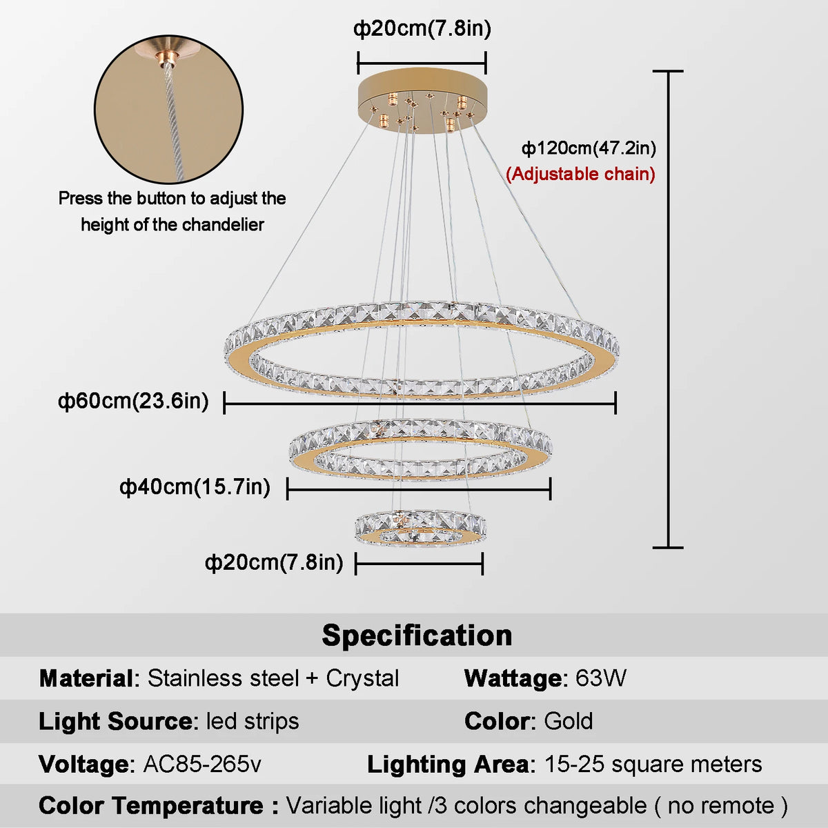 Suspension lumineuse moderne dorée cristaux scintillants led élégante télécommande entrée salon