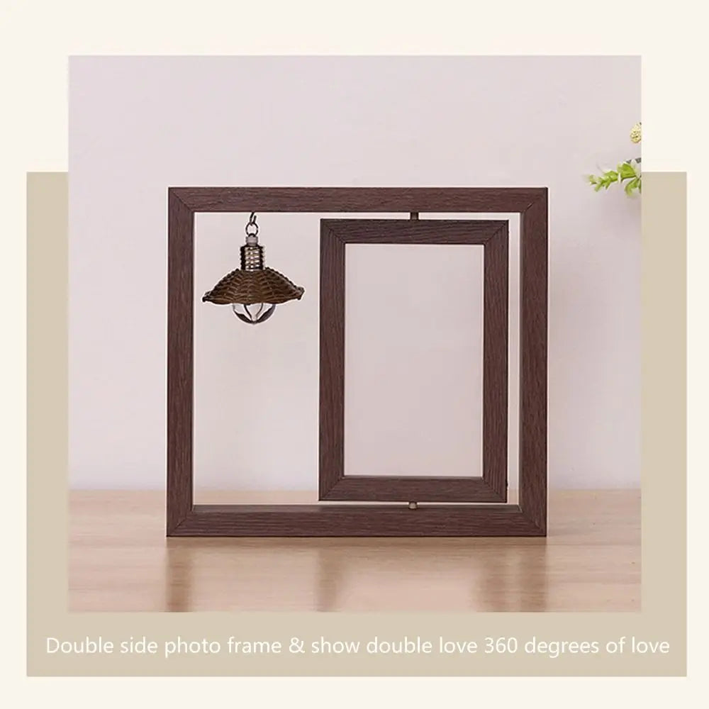 cadre photo double face bois marron rustique suspendu élément décoratif petite lampe cœur bois