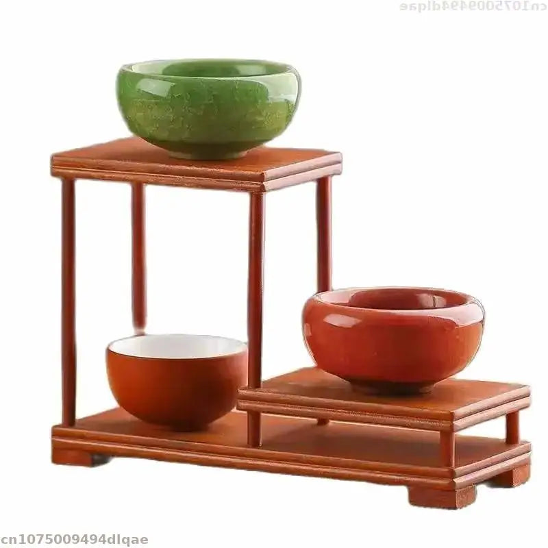 supports plantes étagère bois marron statuette bouddha bol céramique table basse vintage stand thé