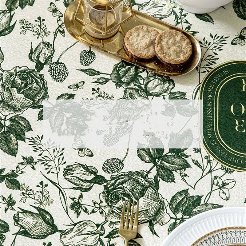 tapis table rond polyestère résistant chaleur décoration intérieure extérieure blanc vert fleurs feuilles papillons