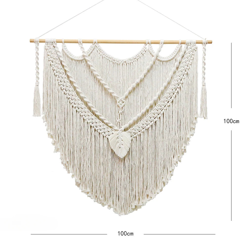 tapisserie macramé géométrique franges bohème décoration murale øllets beige clair