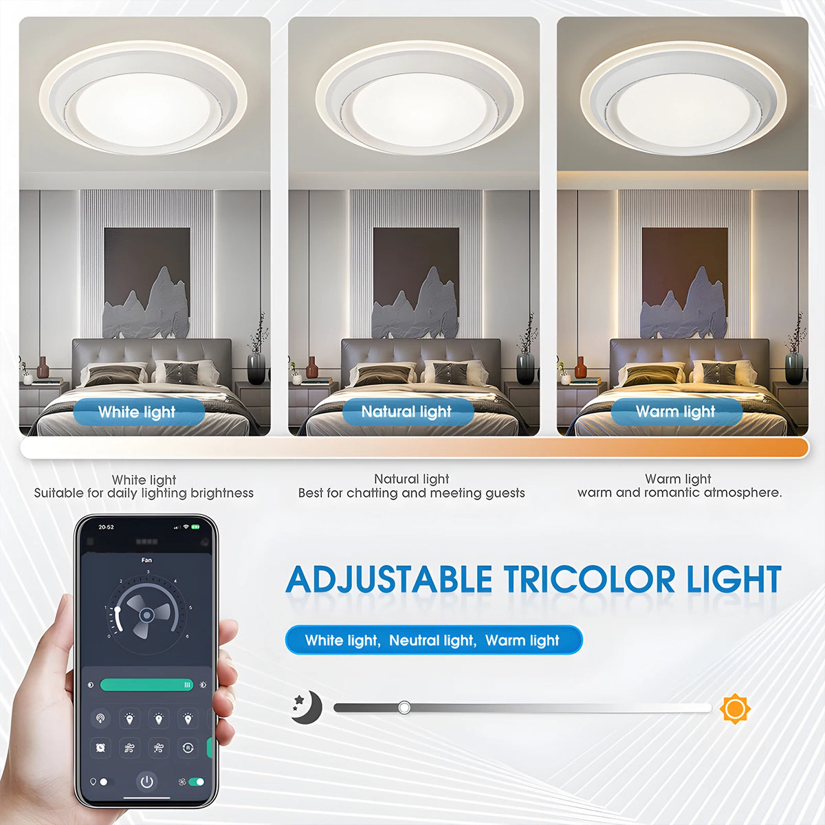 plafonnier led moderne blanc ventilateur télécommande dimmable sans feuilles lumieux 8+lumière