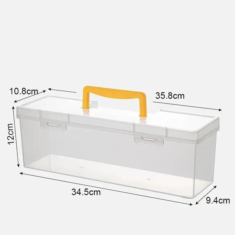 boîte outils transparente poignée jaune contenant vis boulons clous tournevis clé rubans adhésifs pratique