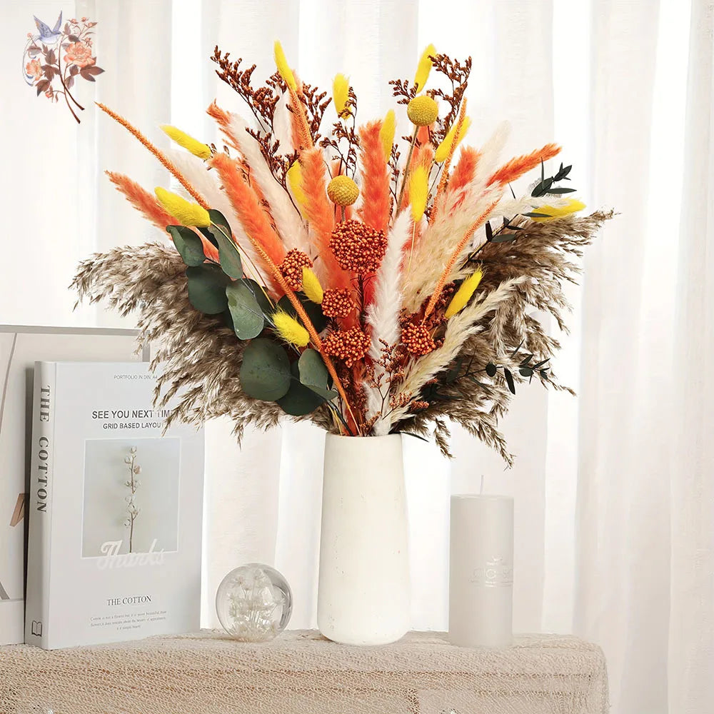 décoration boho bouquet séché eucalyptus pampas feuilles graminées vase naturel orange jaune