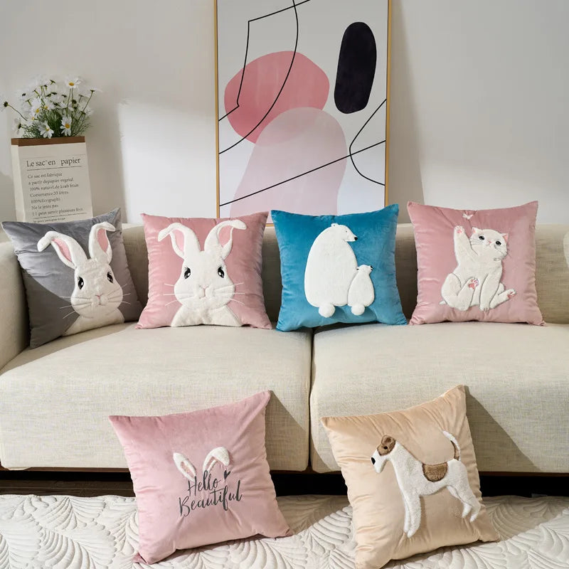 housse velours dessin animaux mignon coussin jaune rose bleu beige gris 45x45cm salon voiture