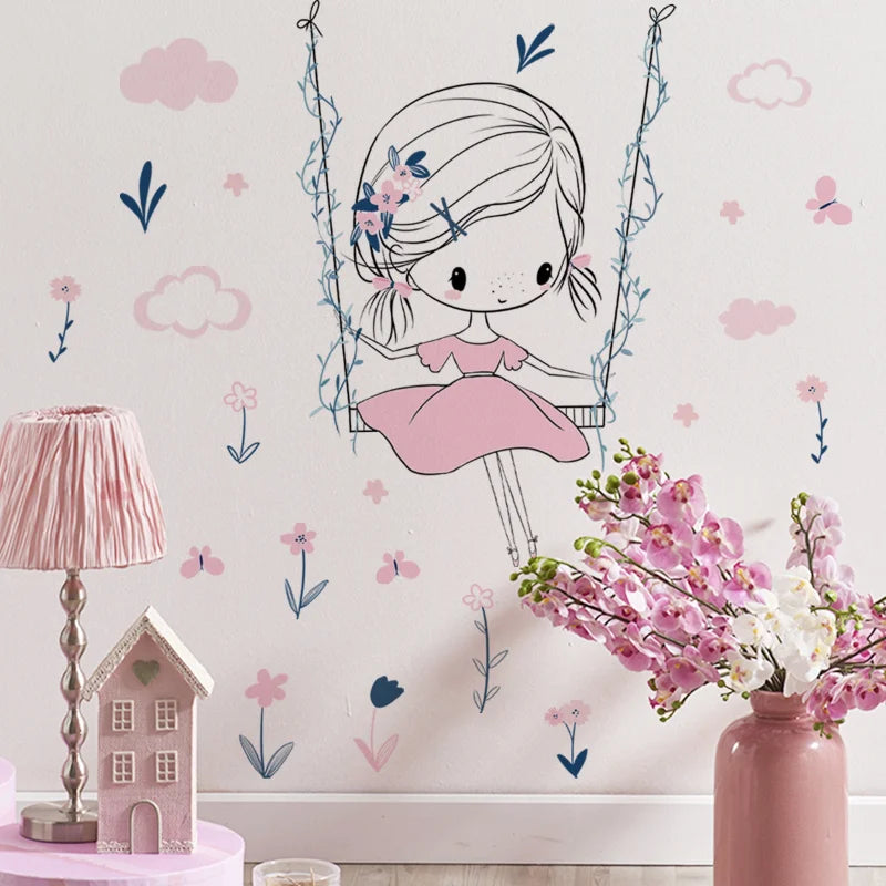 sticker mural décoration enfantine fille dandelins nuages balançoire dessin animé pvc adhésif chambre rose