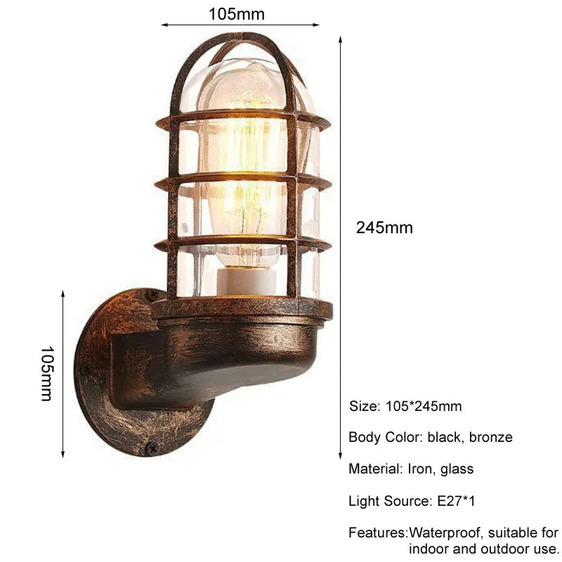 lampe murale industrielle vintage verre transparent noir bronze métal rustique E27