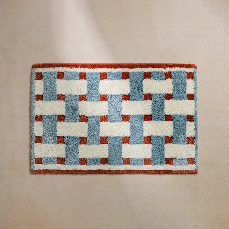tapis moderne bleu clair rouge blanc motif géométrique doux antidérapant polyester