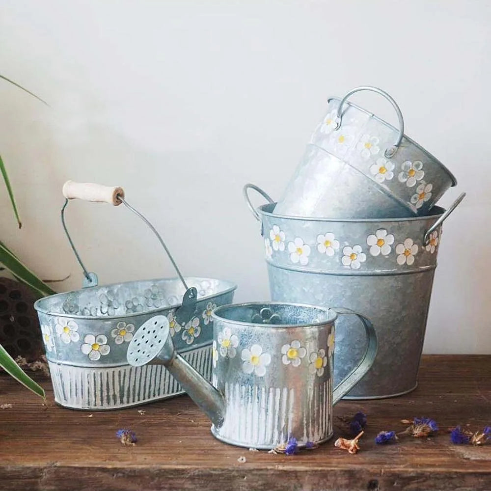 seau fleurs vintage métal rustique poignées fleurières blancs jaunes extérieur
