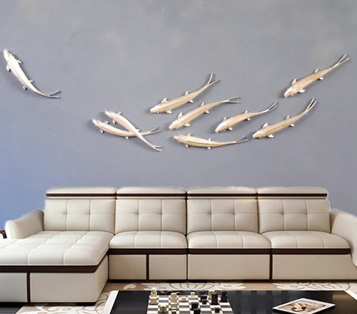 décoration intérieure moderne sculpture poissons dorés résine or fixations invisibles set pièces