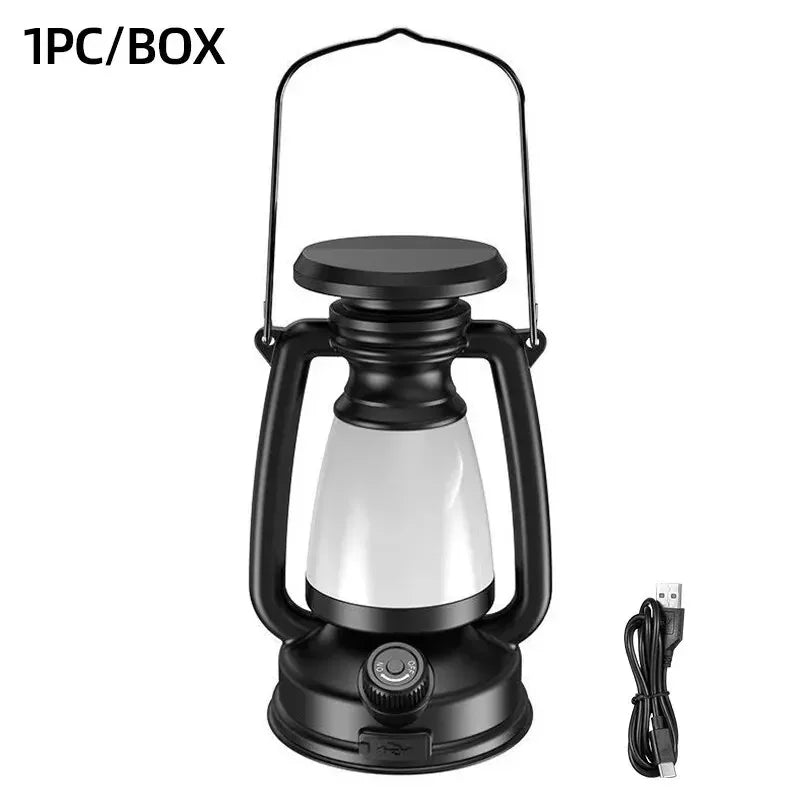 lanterne portable camping rétro métal noir vintage suspension interrupteur led rechargeableextérieur