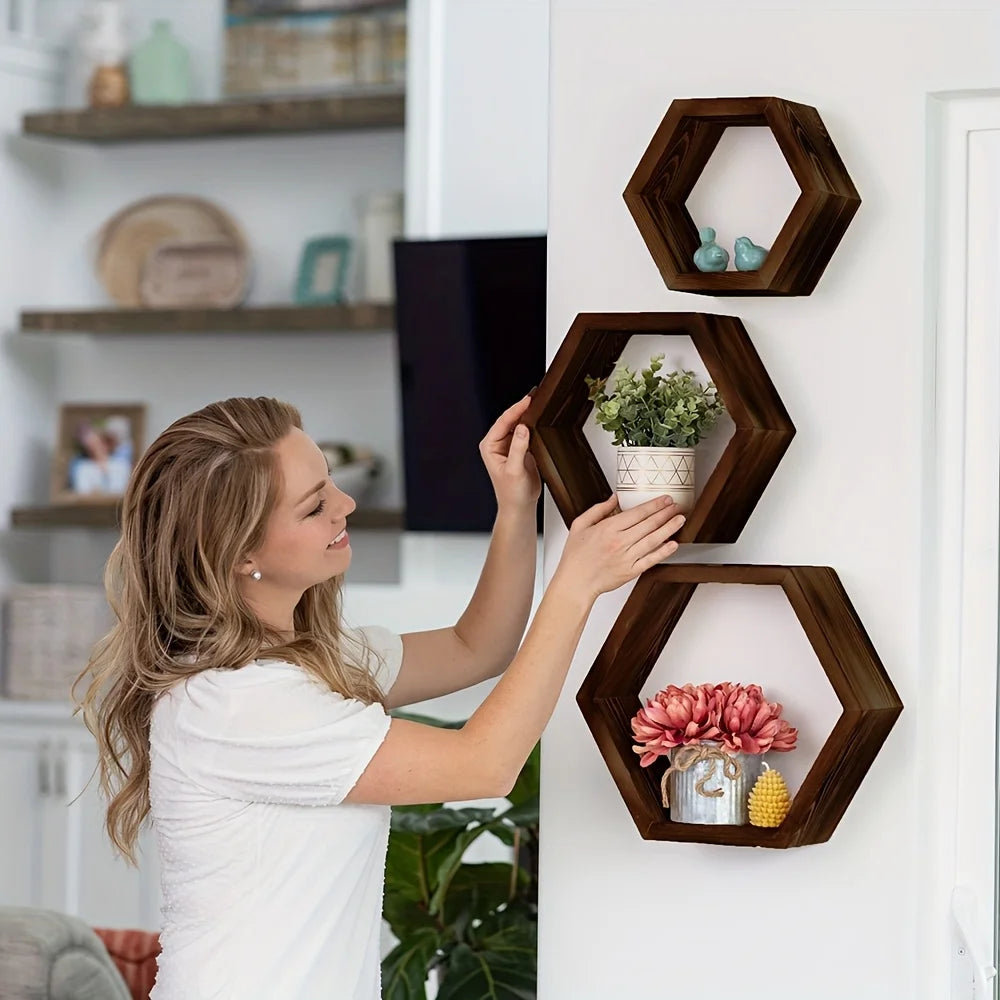 étagères murales hexagonales bois marron moderne rustique adhésives rangement articles divers