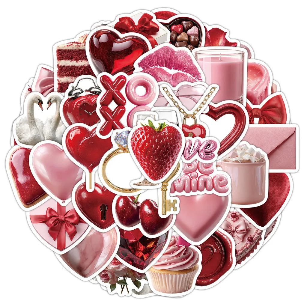 sticker adhésif romantique valentin coeurs fleurs gâteau bougies lettres bijoux rouge rose blanc