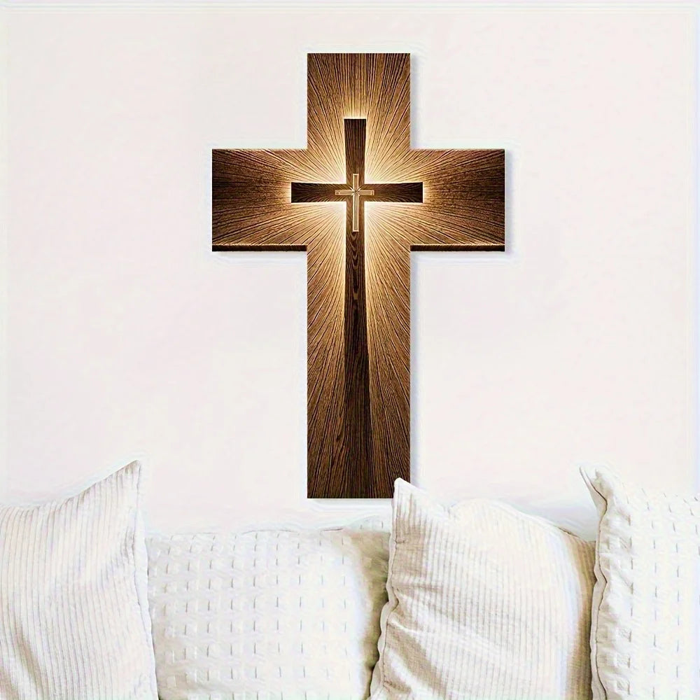 croix murale bois classique marron clair brun foncé texture naturelle décoration murale église maison