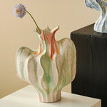 vase céramique abstrait artisanal rose vert orange marron bleu ondulé texturé sculptural