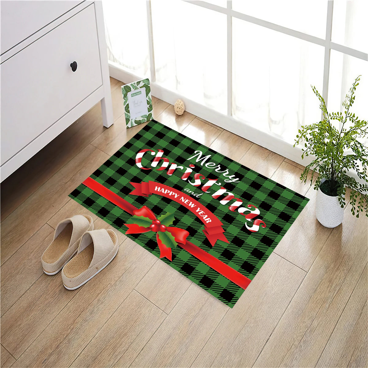 tapis sol antidérapant caoutchouc carreaux vert noir ruban rouge festif entrée garage bain extérieur