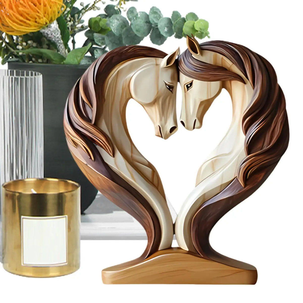 statues chevaux bois marron texture naturelle artisanat base plate salon décoration