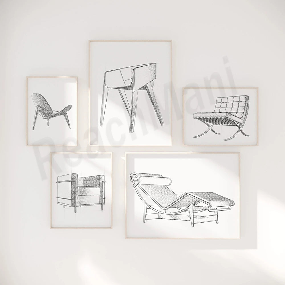 Cette image présente une série de dessins au trait de divers meubles et fauteuils de design, tels qu'un fauteuil, une chaise, un canapé et un mobilier moderne.