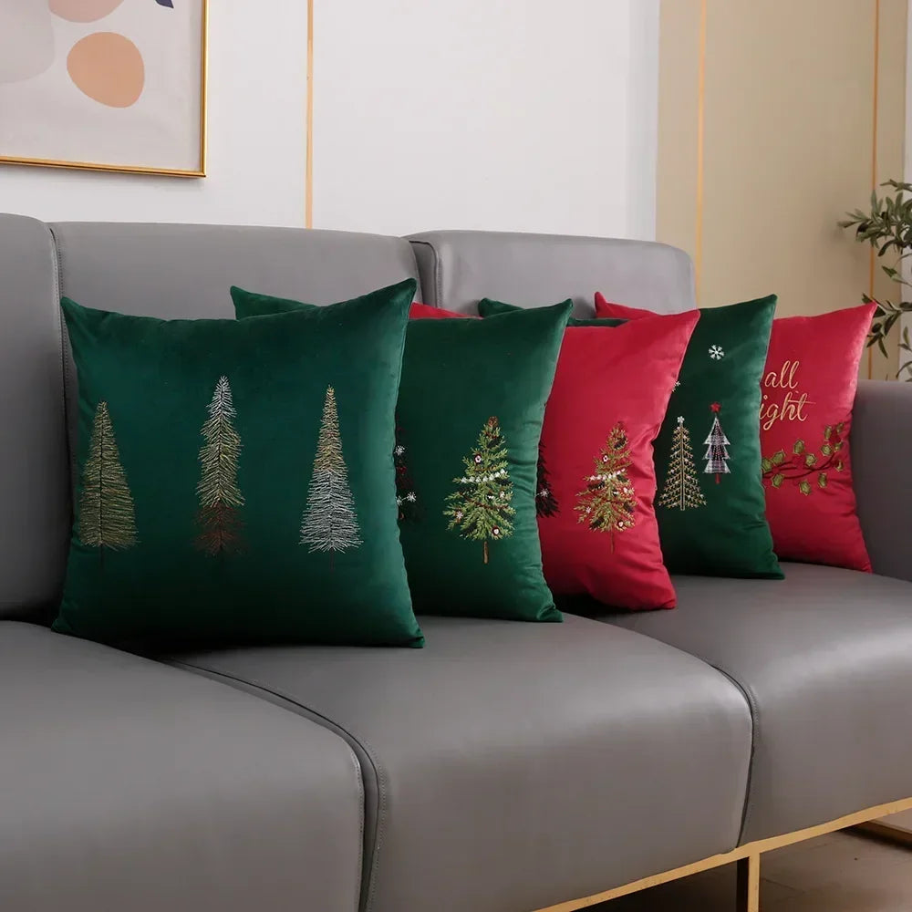 housse coussin velours noël arbre flocons good night rouge vert decoration carré tufted polyester