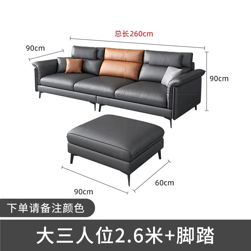 Canapé d'angle moderne cuir gris chaise lounge pieds noirs coussins géométriques salon bois composite