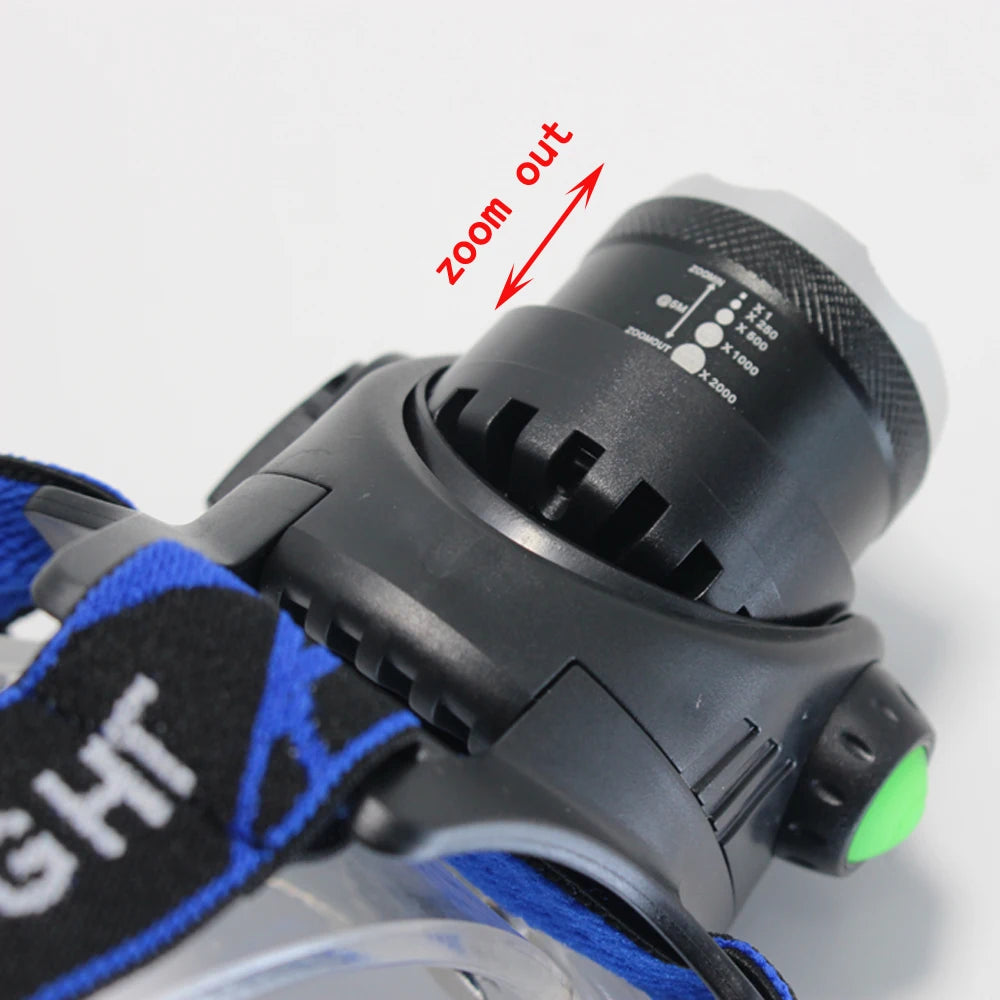 lampe frontale led rechargeable noir bleu rayures diagonales verre transparent mode zoom camping