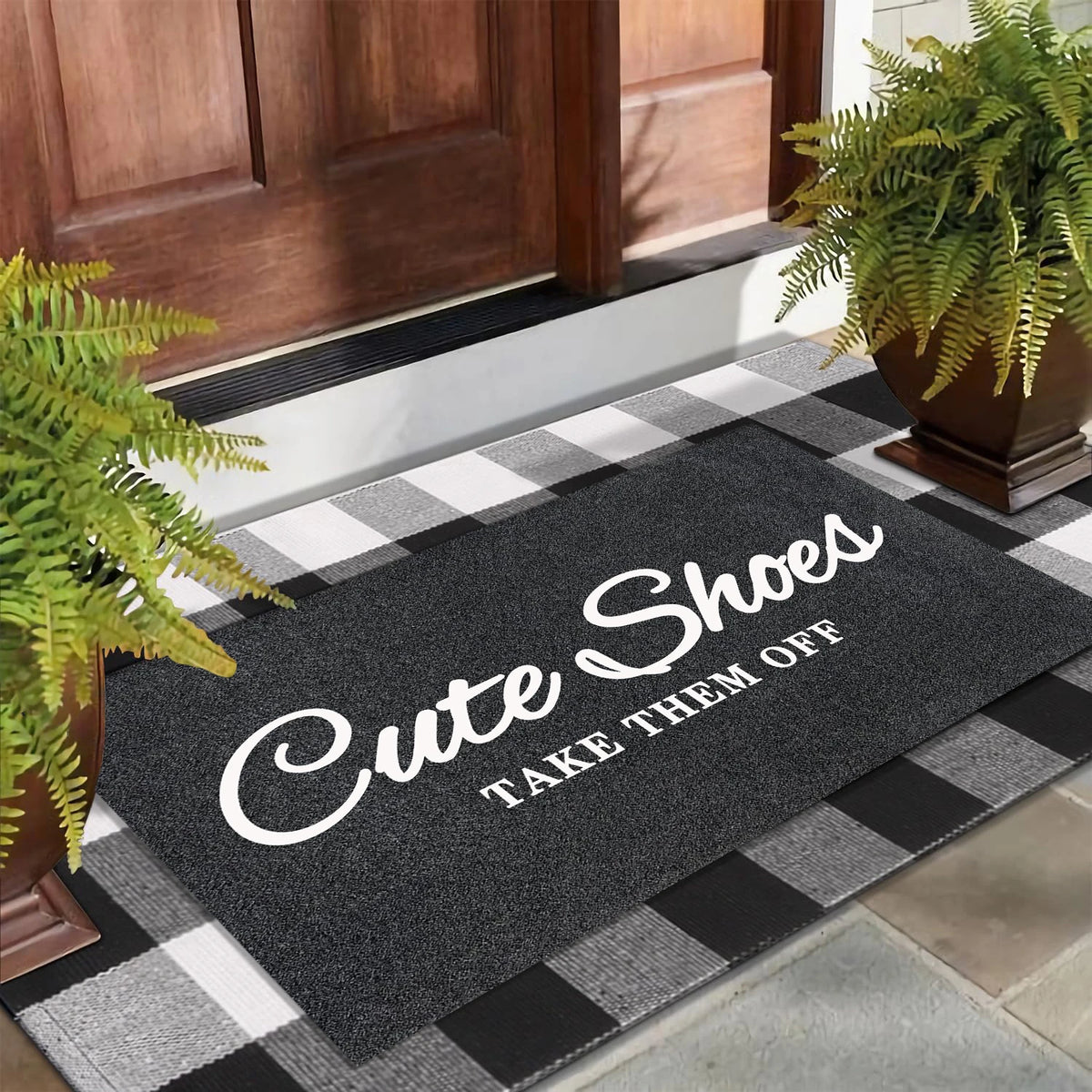 tapis bienvenue antidérapant cute shoes take them off motif carreaux couleur noir blanc moderneintérieurextérieurporte