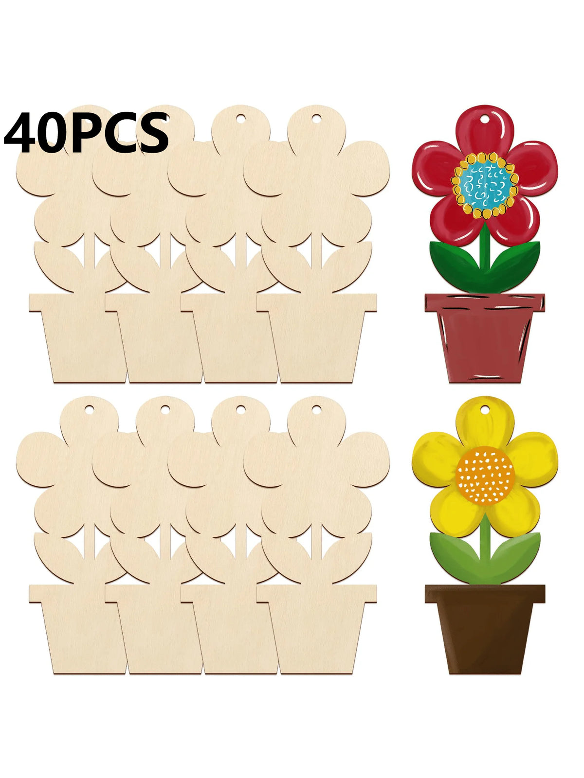 décorations suspendues fleurs bois pots colorés cordelette printemps fraîcheur intérieur naturel 40 pièces