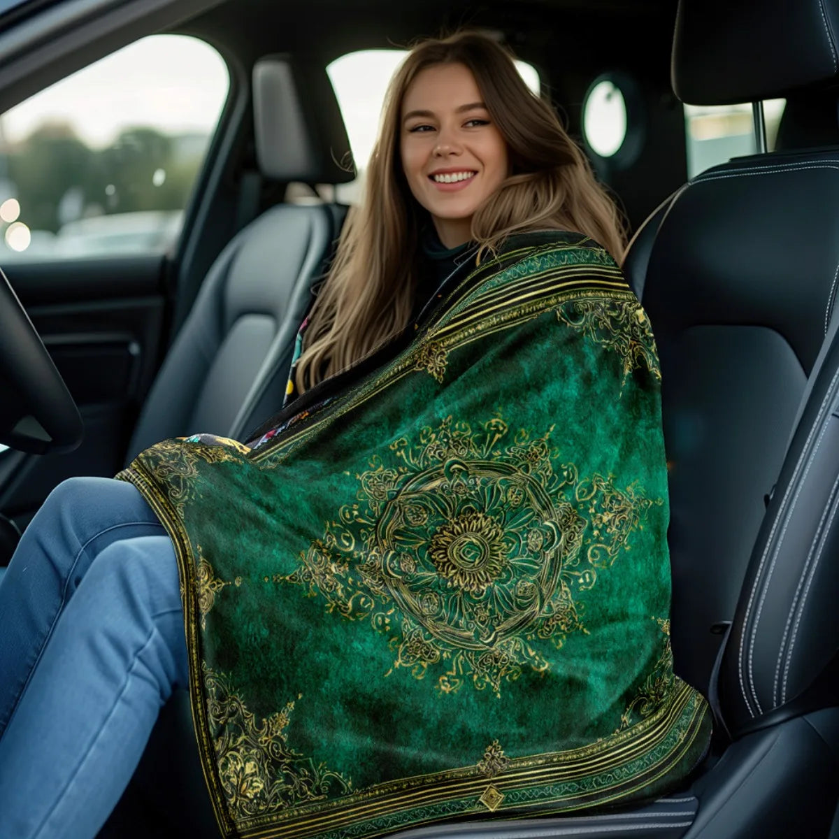couverture velours vert émeraude broderie dorée motif floral boho chic canapé décoration hiver