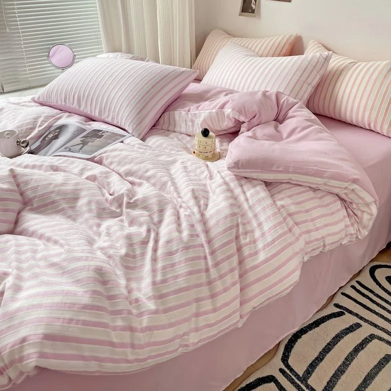 ensemble literie bleu clair rayures horizontales moderne couvre lit taies d'oreiller coton polyester frais