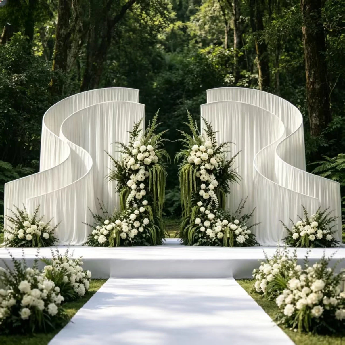décor structure spirale blanche moderne pieds circulaires mariage anniversaire photo backdrop toile fond
