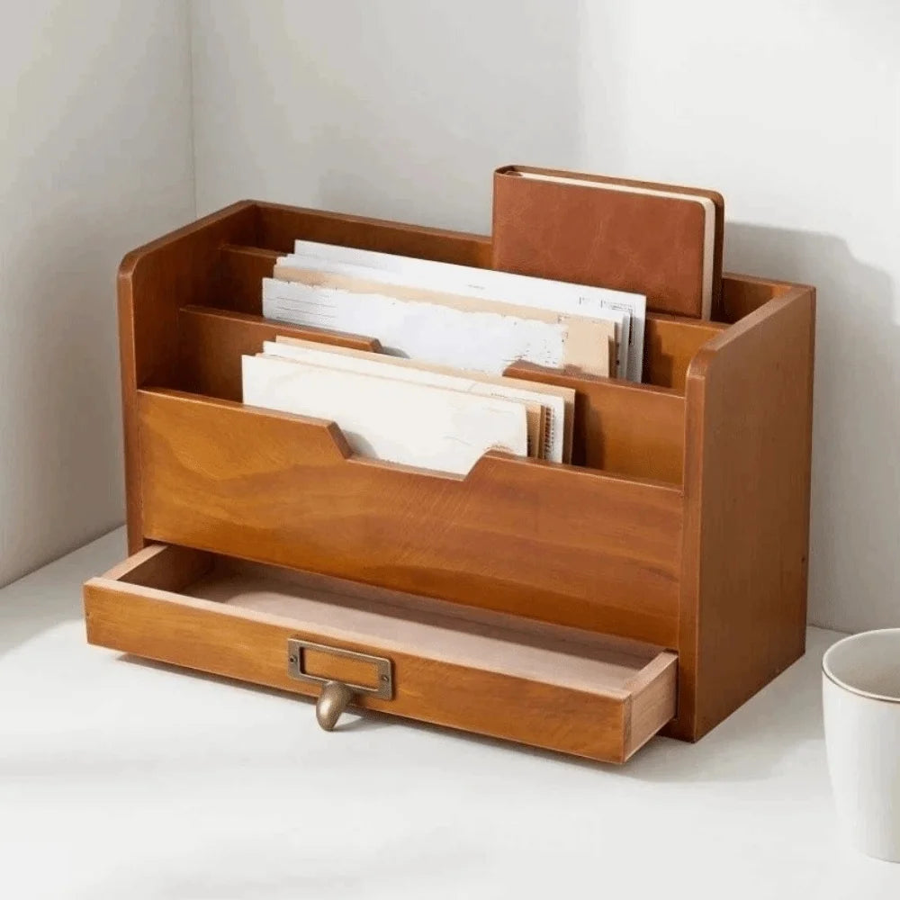 organisateur bois marron vintage tiroirs compartiments documents stylos