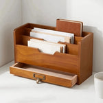 organisateur bois marron vintage tiroirs compartiments documents stylos