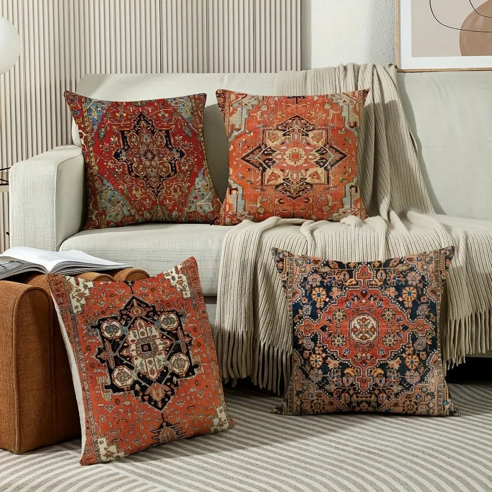 taies d'oreiller géométriques vintage rouge noir beige 45x45cm polyester adhésif decoration maison