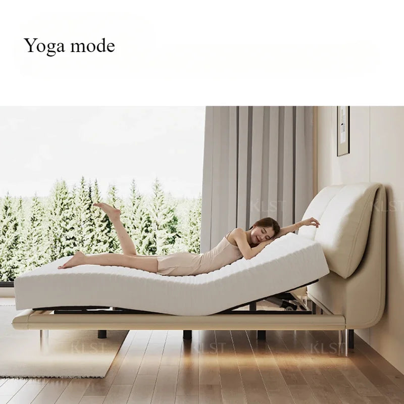 lit motorisé moderne blanc gris clair électrique réglable rayures horizontales oreillers coussin