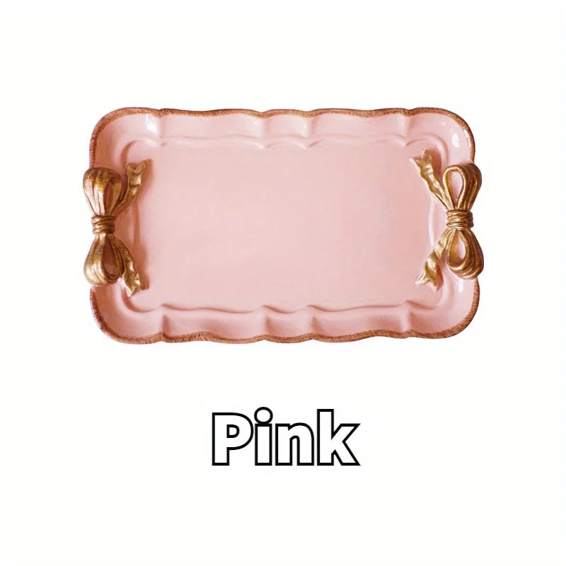plateau rectangulaire élégant blanc rose pastel bordure dorée motif noeud