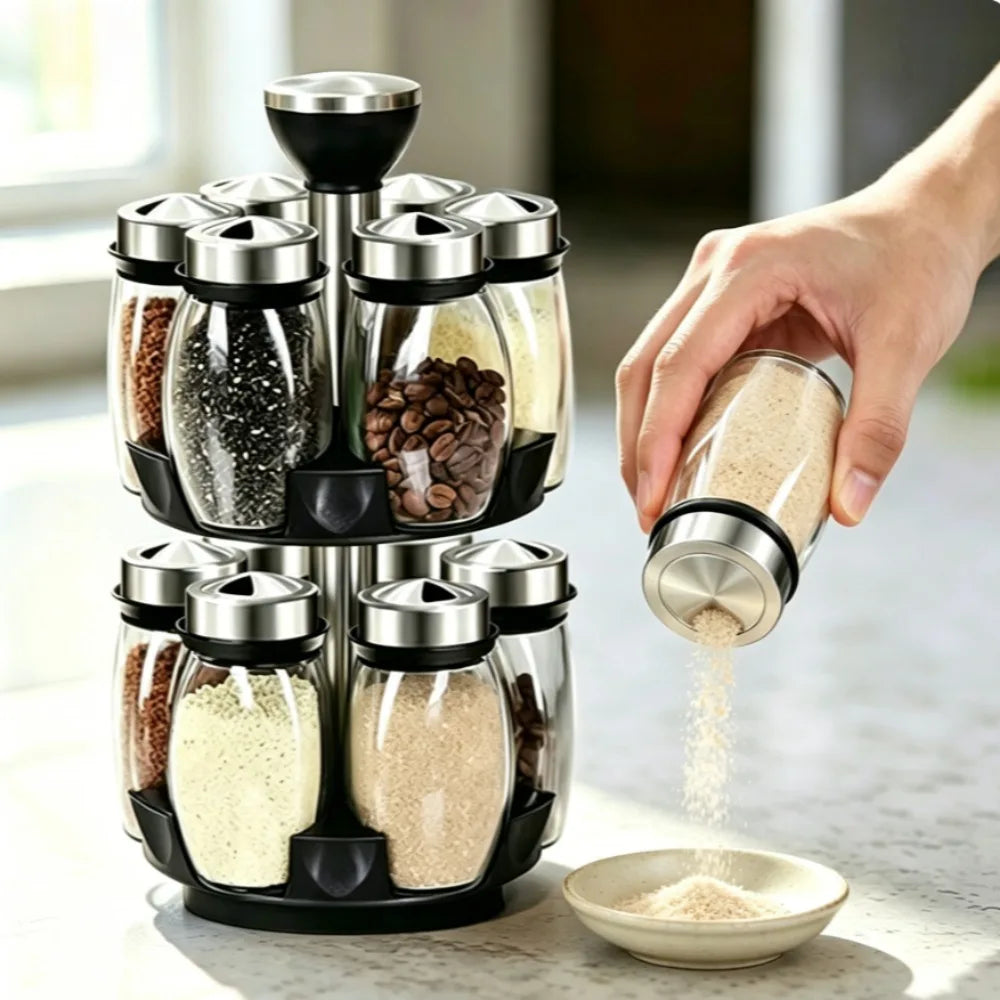 ensemble pots épices rotatifs moderne noir transparent verre organisation cuisine efficace