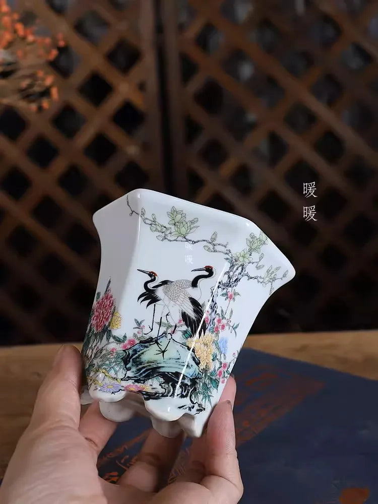 Cache pot céramique chinois peinture florale oiseaux blanc traditionnel artisanal fleur plante verte