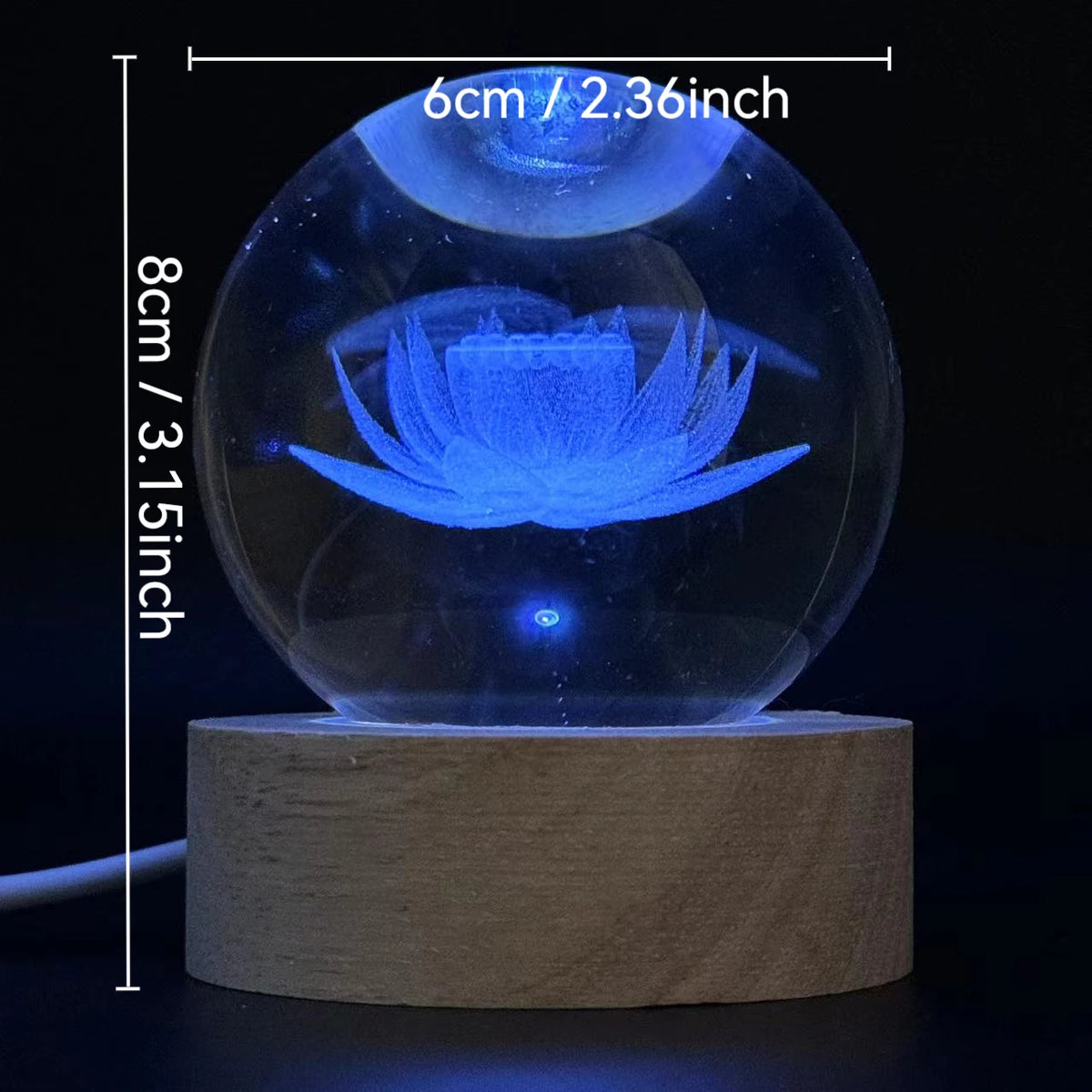 veilleuse décoration lotus bleu vert rouge sphère transparente gravure laser zen chambre