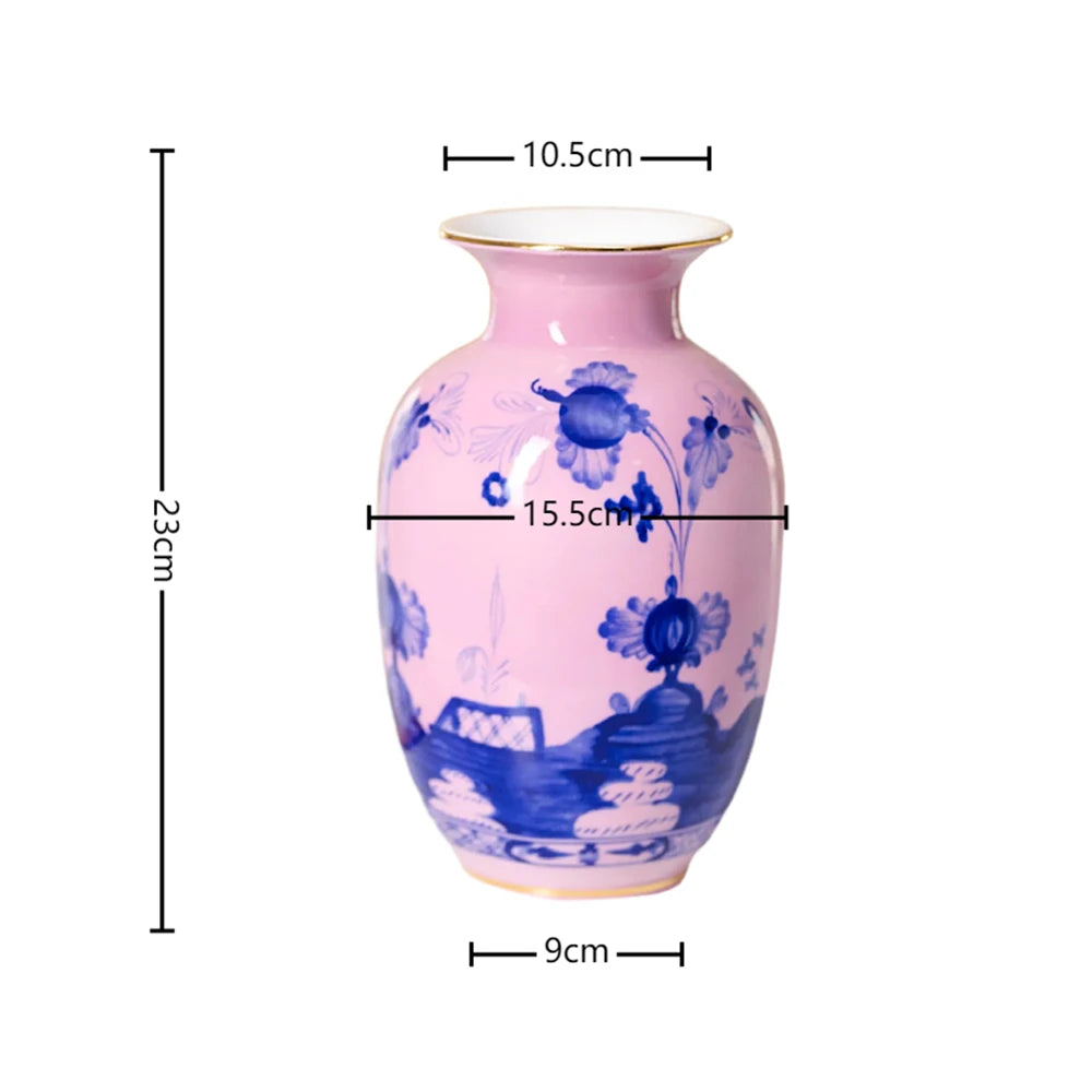 vase céramique motif floral bleu blanc décoration maison fleurs artificielles peonies rose violet