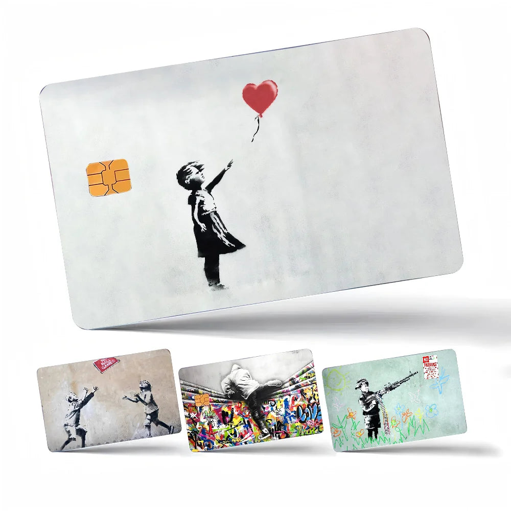 sticker pop art fille ballon cœur fond grunge carte bancaire waterproo réutilisable