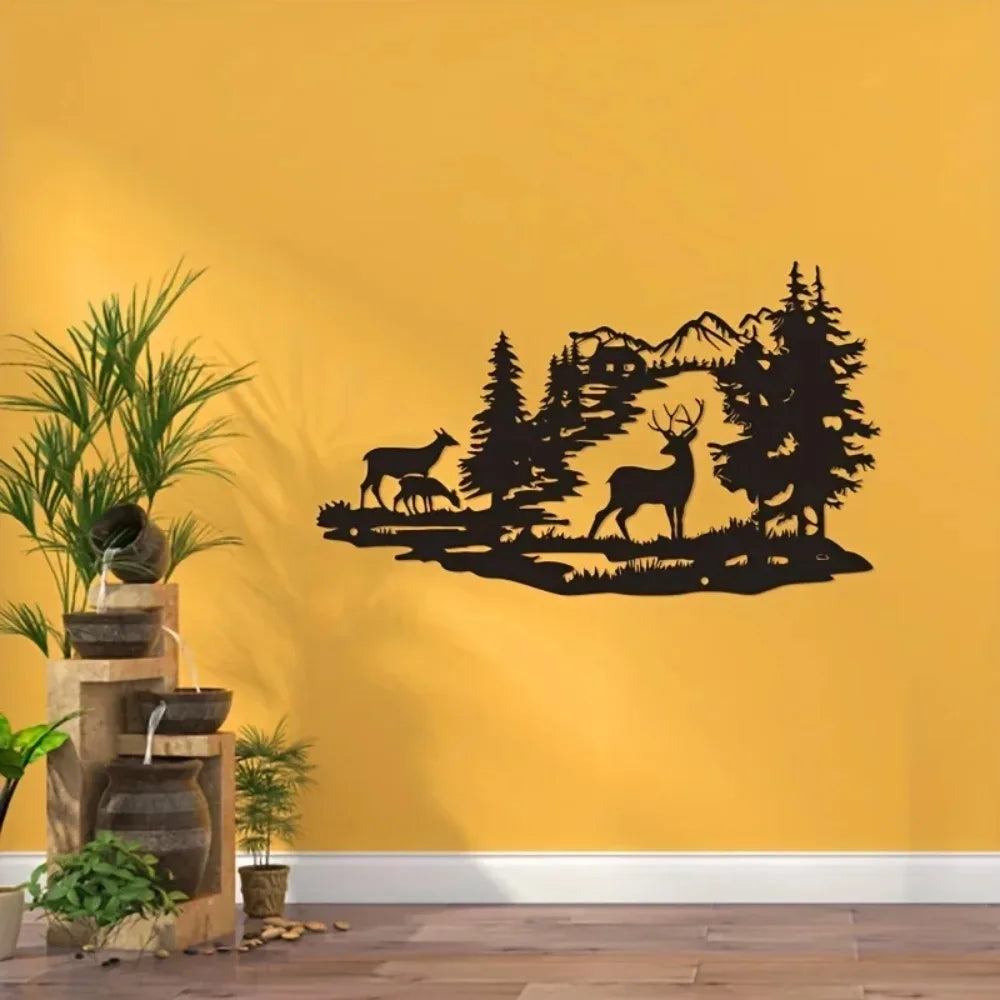 décoration murale silhouette animaux cerf arbre montagne noire moderne minimaliste artística maison