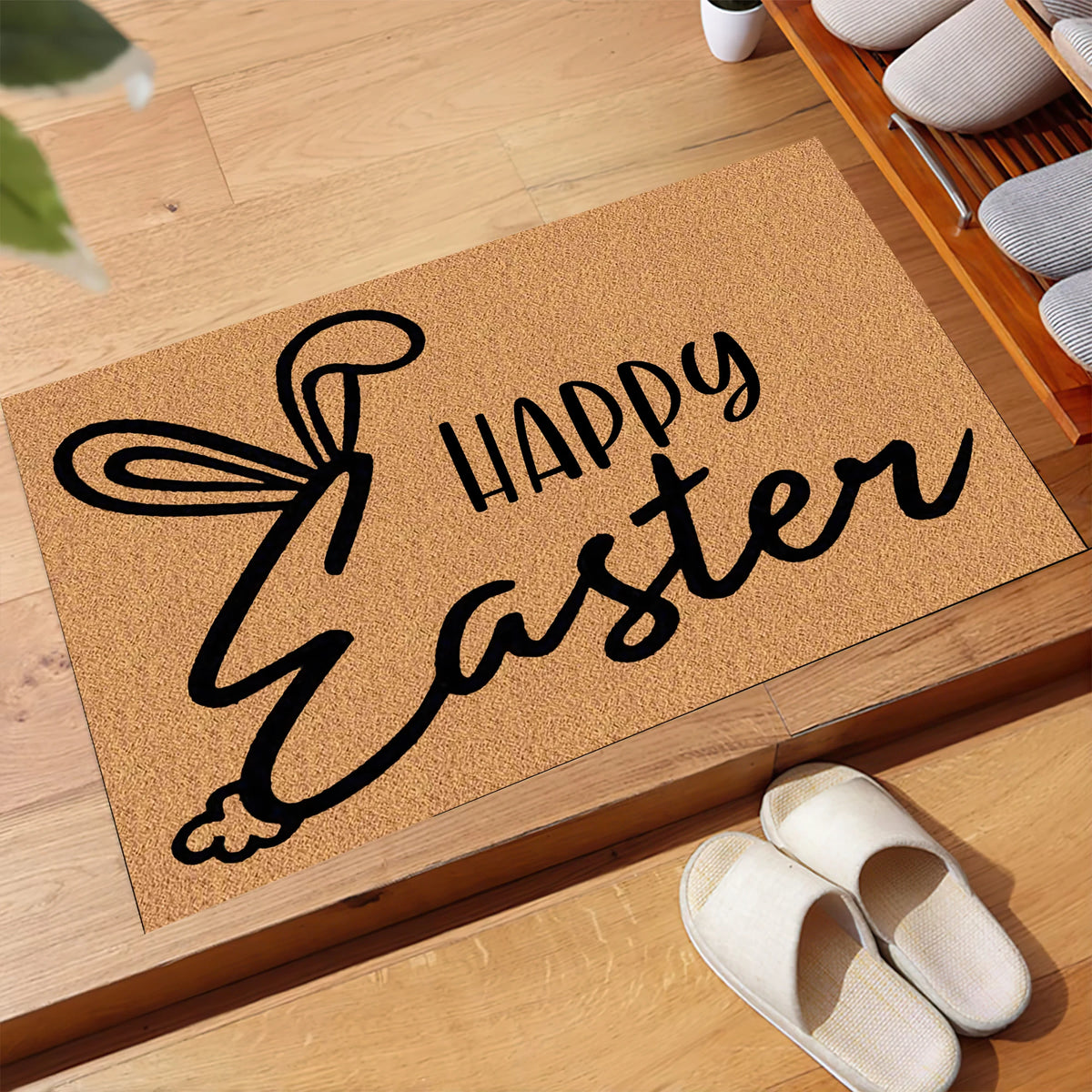 tapis d'entrée marron clair motif lapin happy easter moderne antidérapant imperméable extérieur intérieur porte