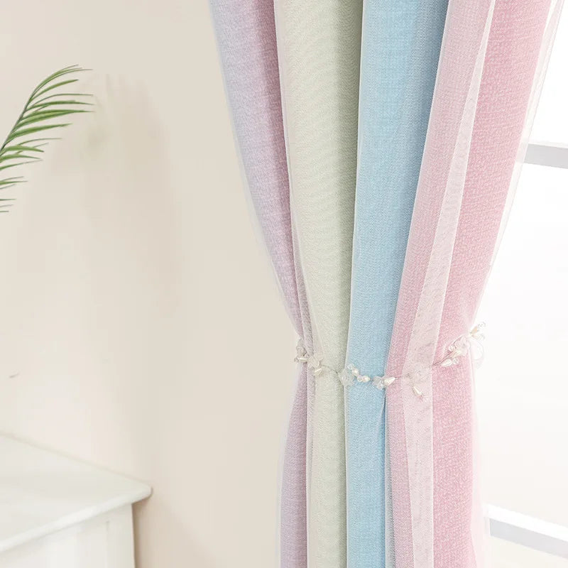rideau polyester bleu rose rayures pois blancs moderne salon chambre hospitalière