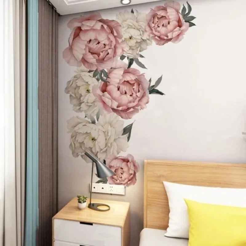 sticker mural fleurs pivoine effet aquarelle romantique art floral chambre salon autocollant doux