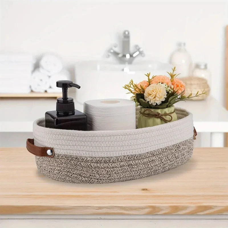 panier rangement ovale tissé coton beige blanc moderne poignées cuir salle bain