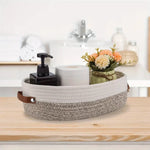 panier rangement ovale tissé coton beige blanc moderne poignées cuir salle bain