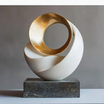 sculpture abstraite moderne minimaliste blanc doré beige gris foncé socle pierre marbre