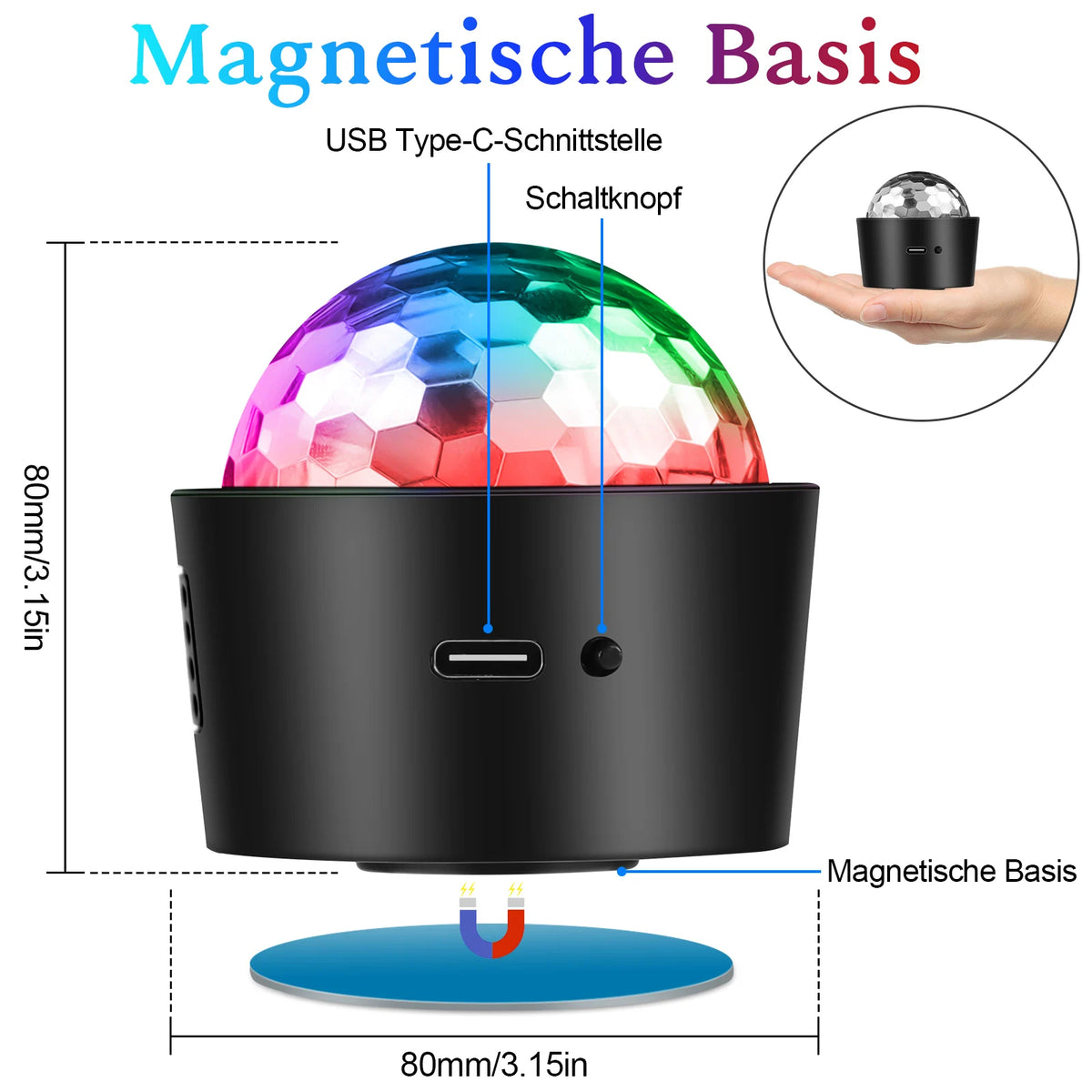 lumière led disco boule multicolore portative effet son activé moderne aimantée 3watts rechargeable câble