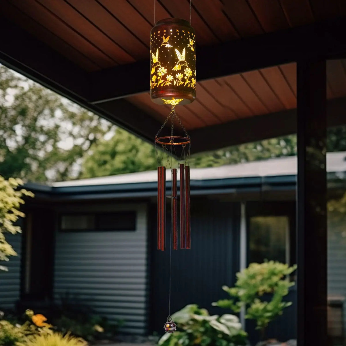 lanterne solaire cuivre papillons découpés moderne anneaux suspendus ampoules led autonomie extérieure intérieure