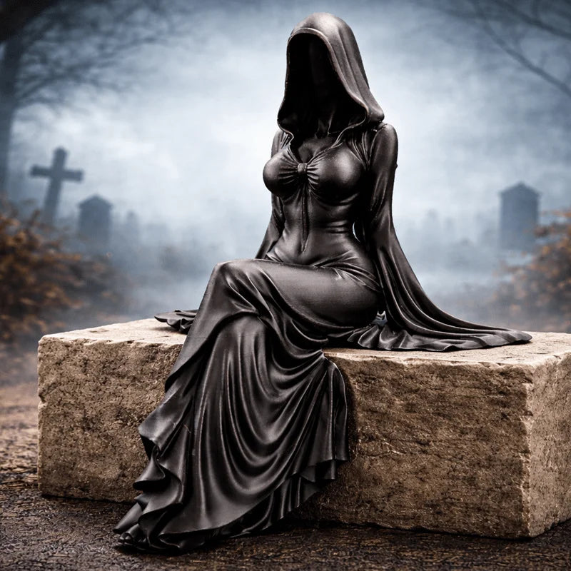 statue gothique femme assise noir texture 3d plis drapés ornement mystérieux roses noires citrouille